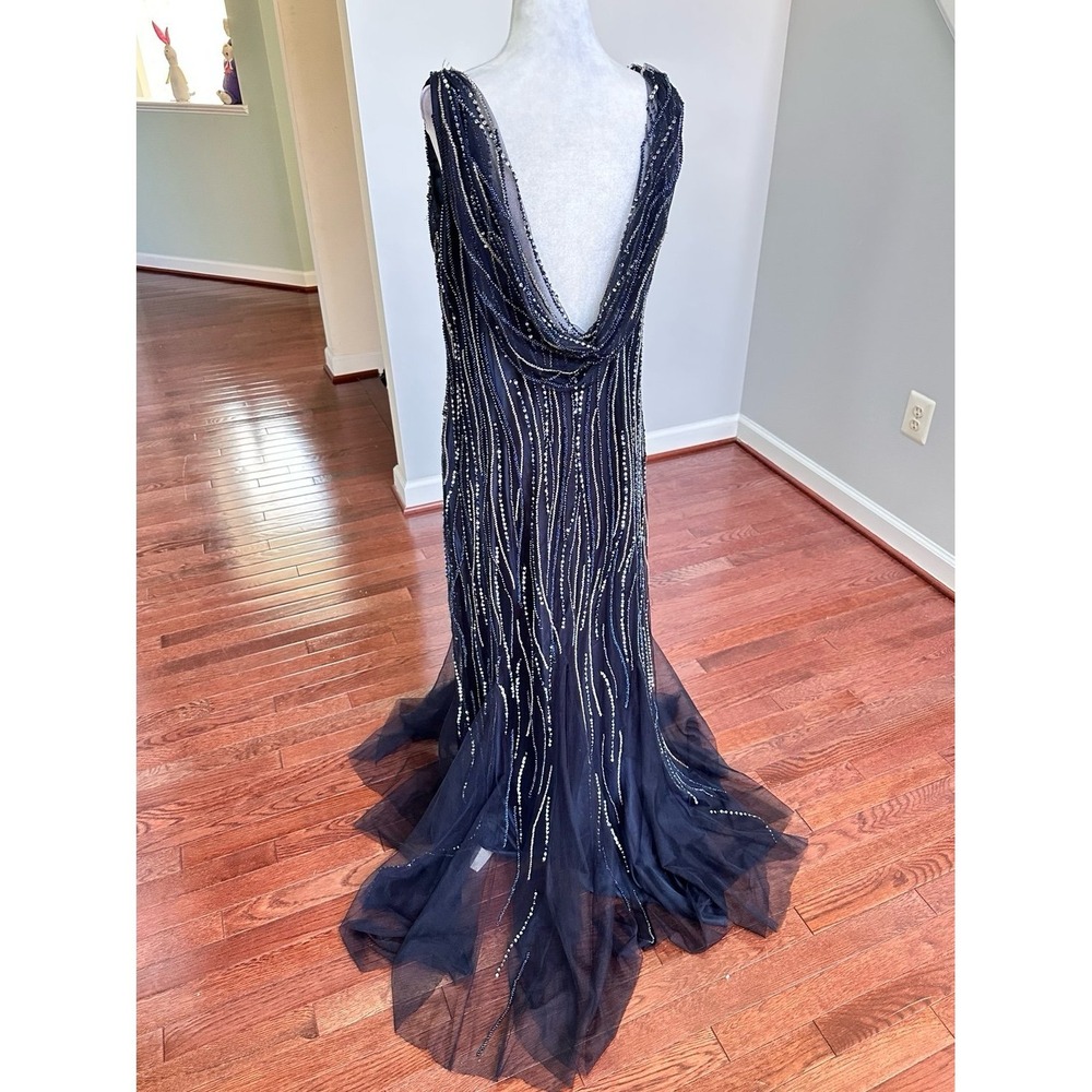 Luxury Pronovias Navy Blue Beaded Embellished Plunge Open Low Back Gown Dress - Picture 10 of 12